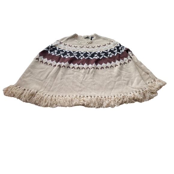 MODA INTERNATIONAL VS Sweater Shawl Brown XS Small Nordic Fair Isle Wool Fringe - Picture 12 of 13